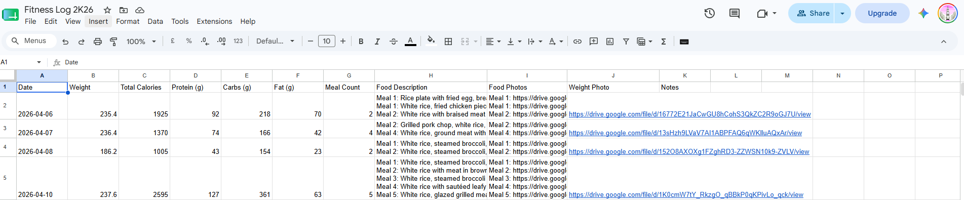 Fitness Logger AI — Google Sheets tracking