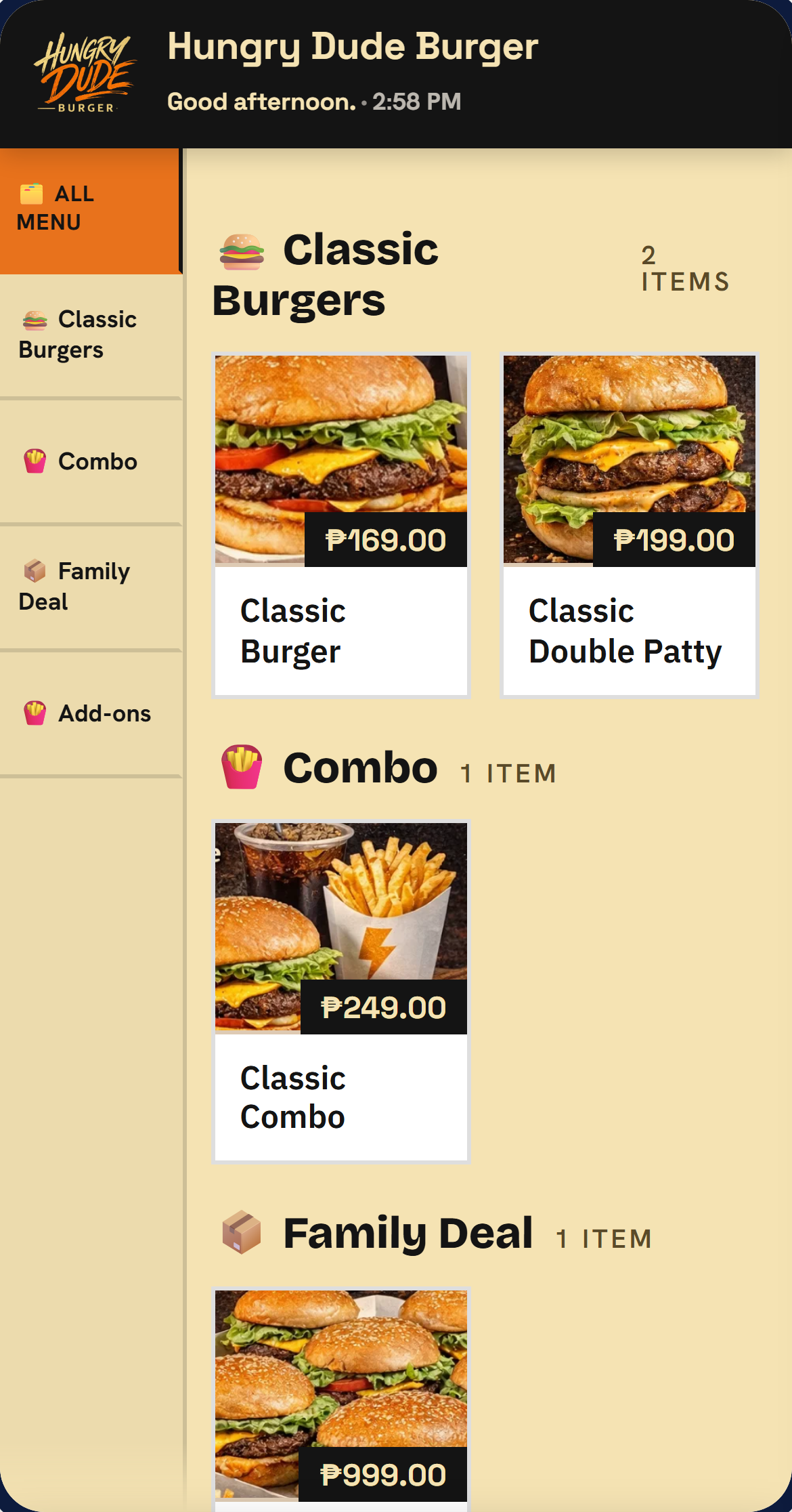 NOY customer ordering screen
